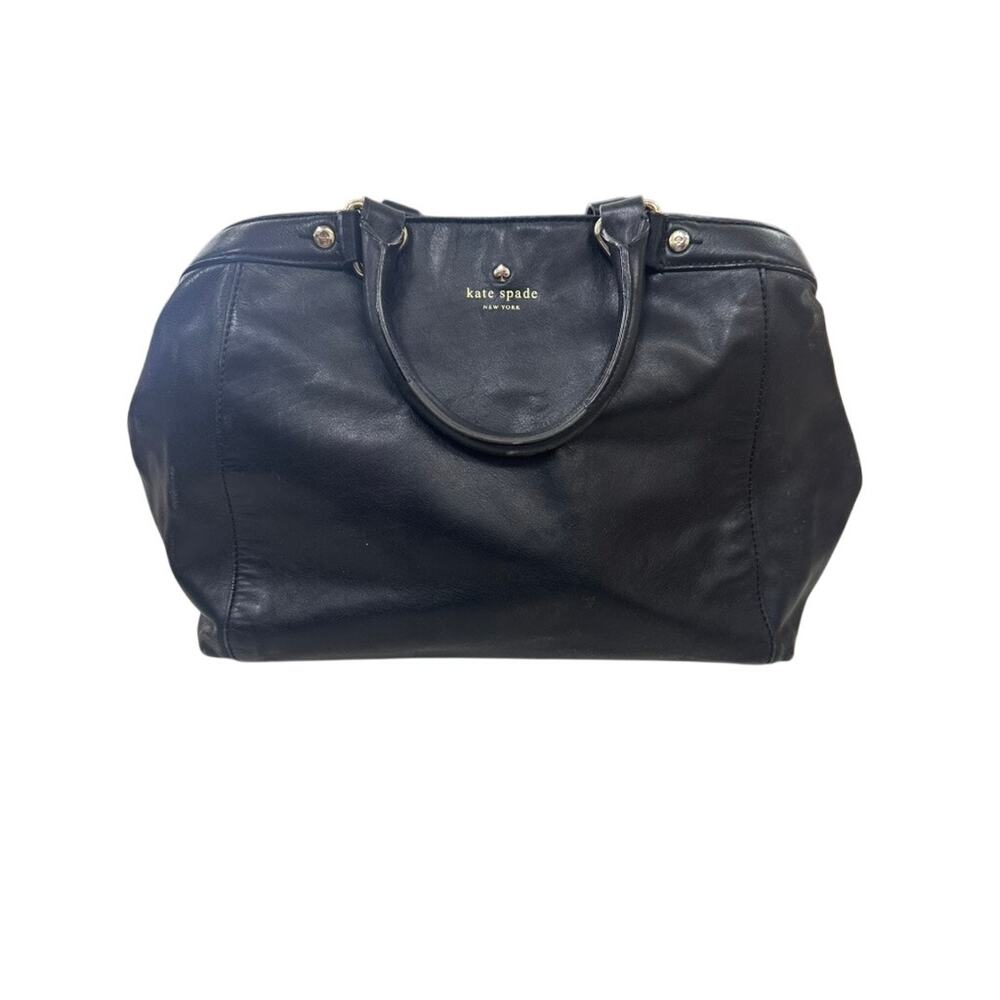 Kate Spade New York Black Leather Satchel Tote Bag | Top Handle Zipper Bow Pull